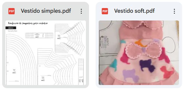Arquivos de vestidos pet em PDF com prévia do molde e foto da peça