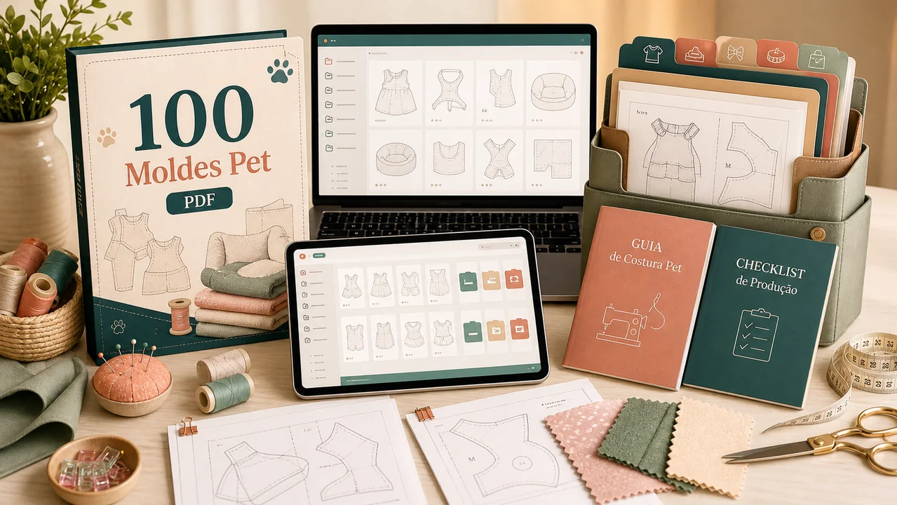 Mockup premium do Kit Profissional de Costura Pet com 100 moldes pet em PDF